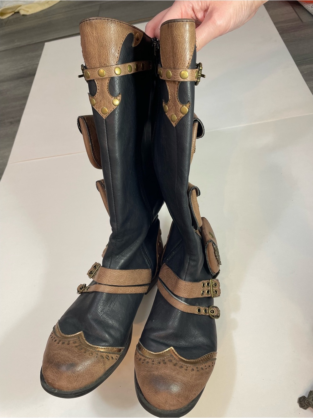Ellie Black Tan Boots w Pouches & Buckles - Victorian Western Steampunk Cosplay - Picture 4 of 16